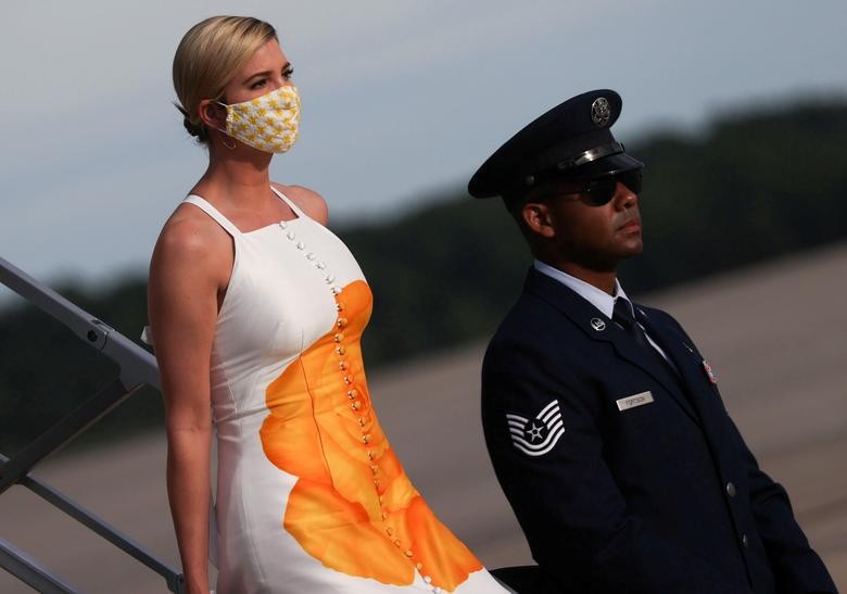 Ivanka Trump wears a protective face mask as she deplanes from Air Force One returning to Washington with her father U.S. President Donald Trump, after traveling to the Kennedy Space Center in Florida, at Joint Base Andrews, Maryland. REUTERS/Jonathan Ernst